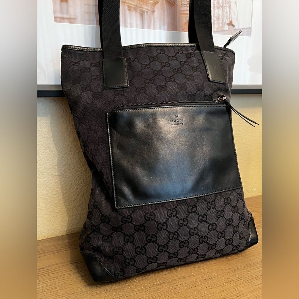 Authentic Gucci nylon calfskin monogram tall tote in black. - Picture 11 of 14